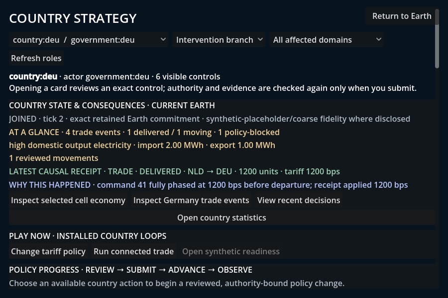 Country Strategy interface for the current Earth country DEU, showing controls, trade events, and causal consequences.