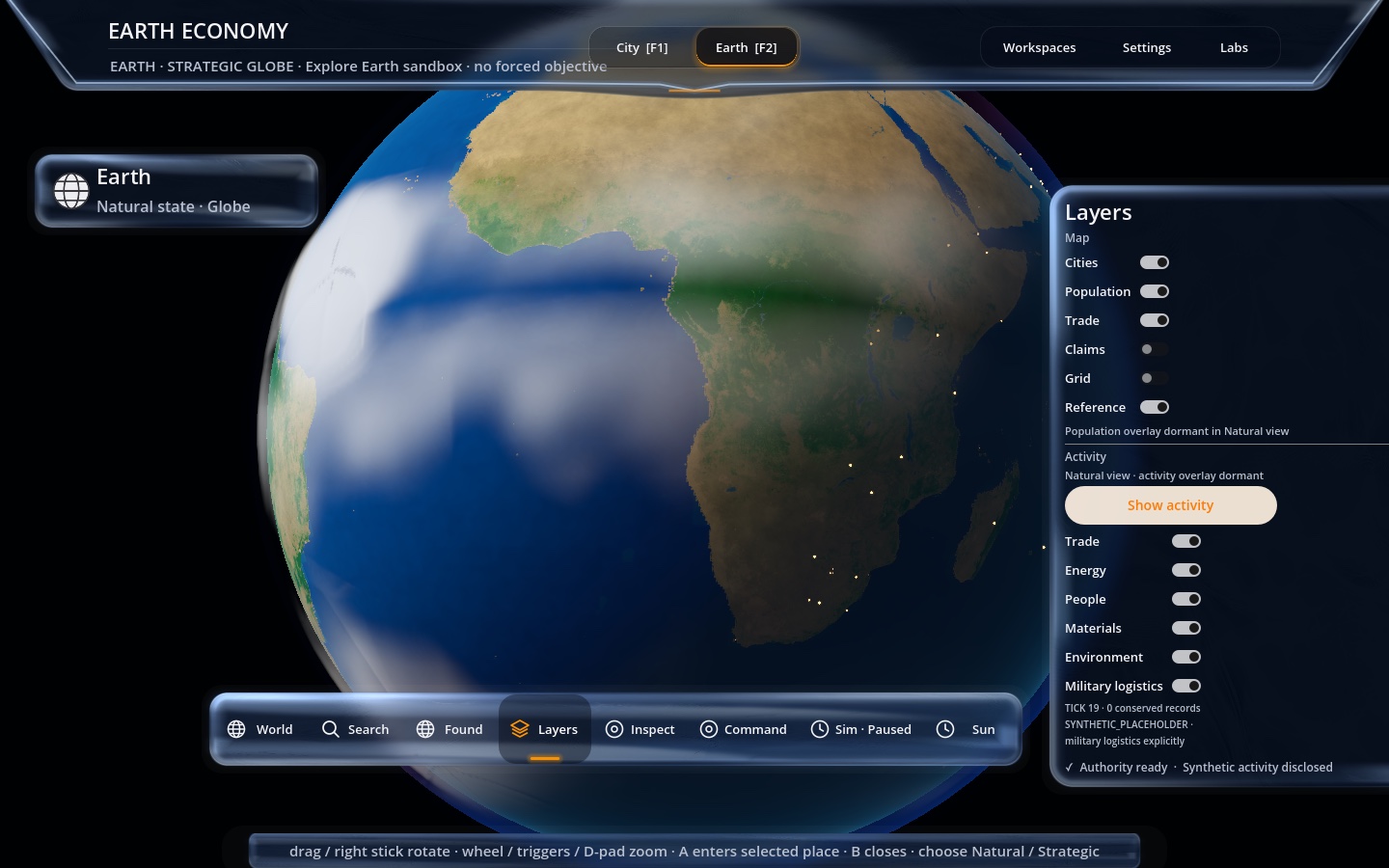 Internal alpha gameplay capture showing the strategic globe, world layers, and activity controls.