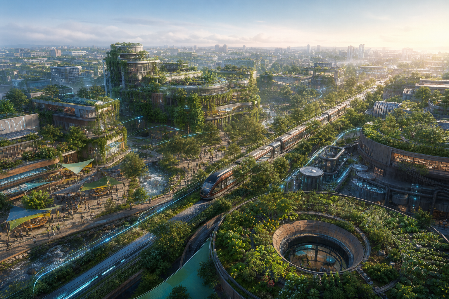 Concept art of a green, water-positive city with terraced buildings, gardens, and a restored creek.