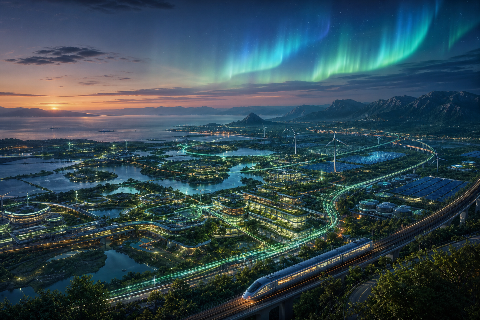 Concept art of a resilient coastal region with wetlands, rail, wind turbines, and solar fields.