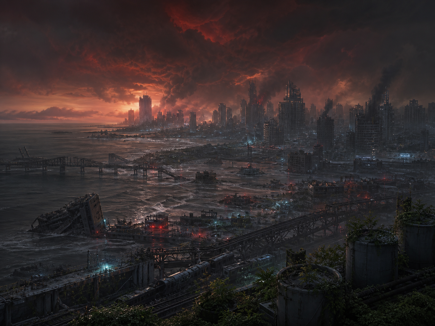 Concept art of a coastal city after cascading infrastructure failure, with broken bridges and flooded districts.