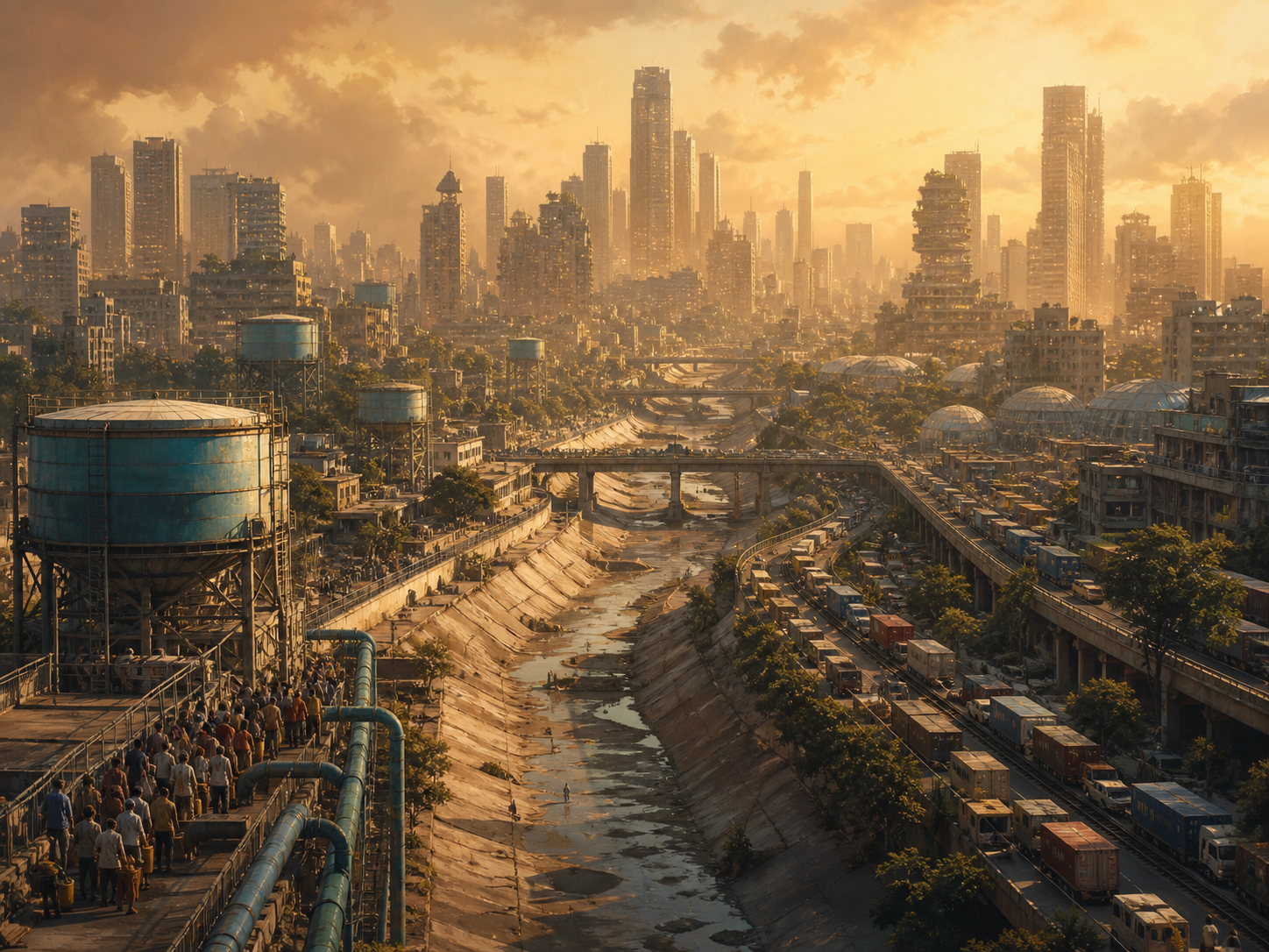Concept art of a dense city under heat and water stress with congested freight corridors.